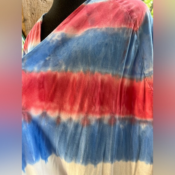 Tie Dye Red White Blue Boho Hippie Loose Flowy Open Front Kimono Duster Cover M - Picture 4 of 8